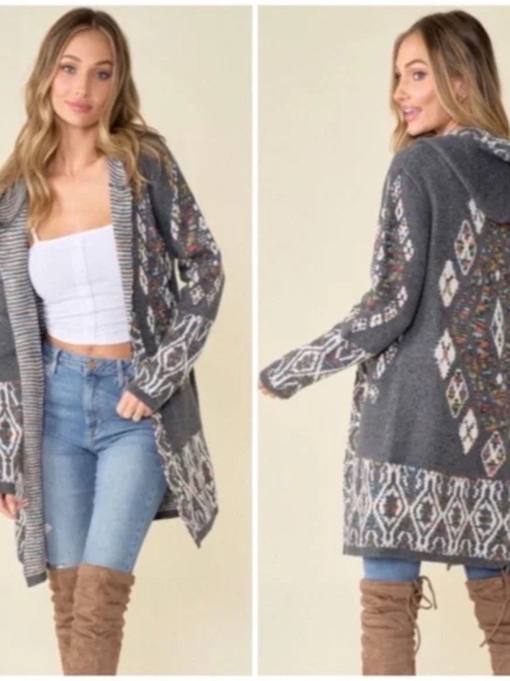 Gray Aztec Tribal Rainbow Western Hooded Knit Open Cardigan Long Sleeve